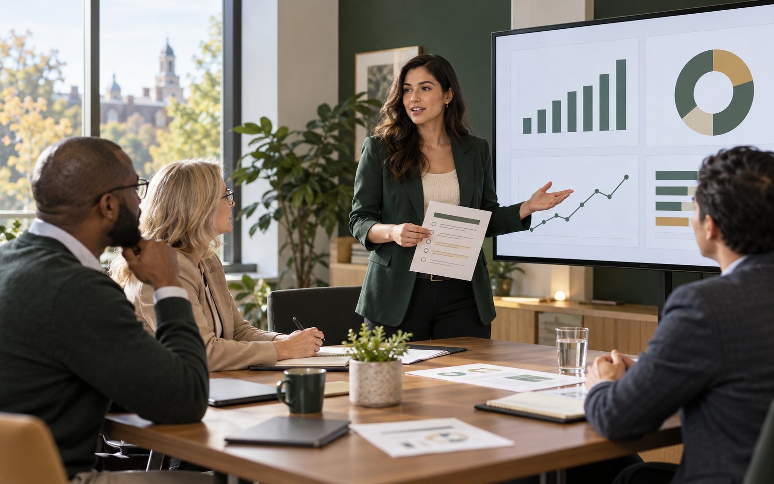 University marketing analyst presenting campaign reporting to colleagues